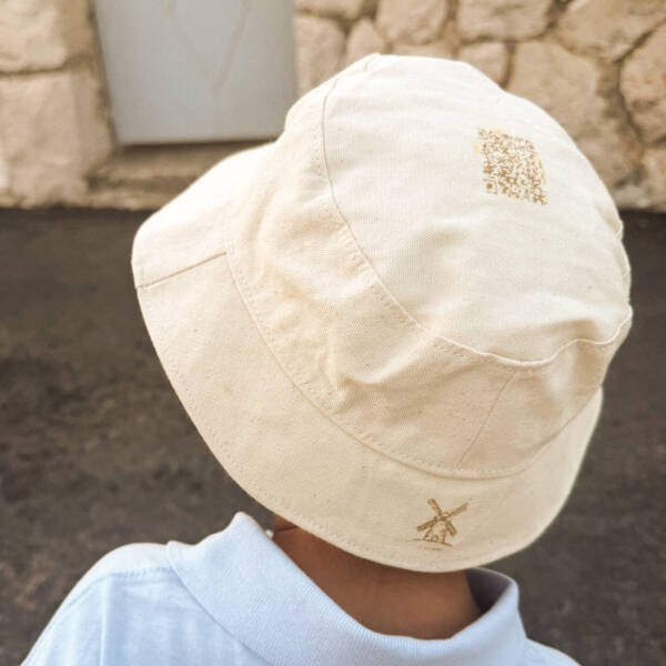 Handmade natural cotton bucket hat with windmill symbol and QR code – CARDHEIR Windmill Edition