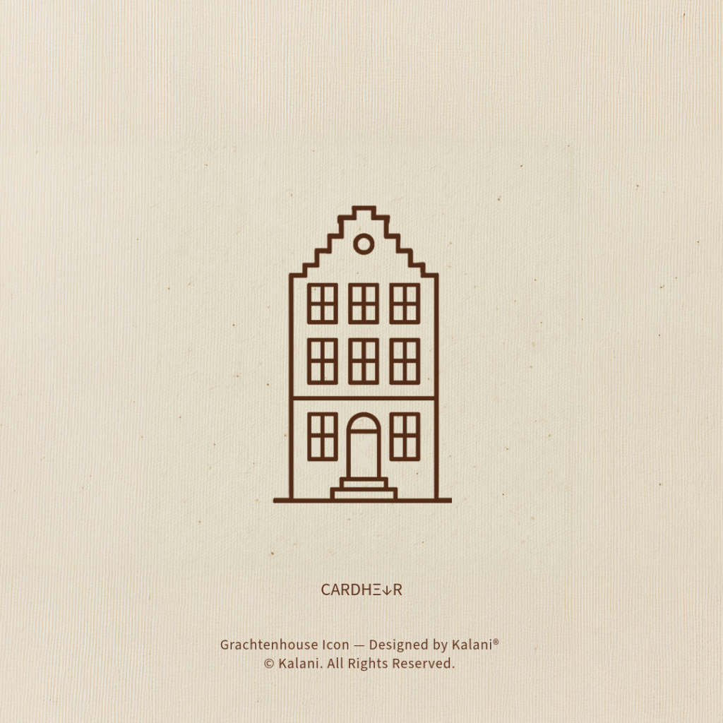 Minimal icon of a gabled canal house from Amsterdam – designed by Kalani® for CARDHΞ↓R.
