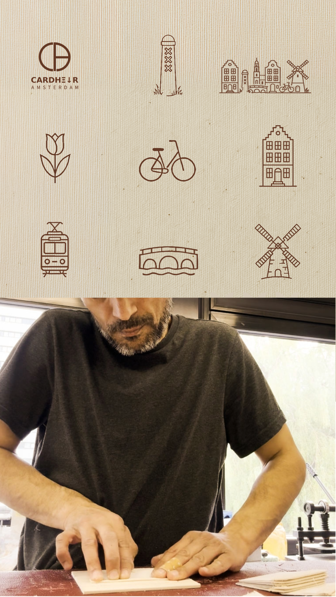 Reza Kalani designing CARDHEIR labels featuring original Amsterdam icons – including canal houses, bikes, trams, windmills, and more – symbolizing the city's culture and identity.
