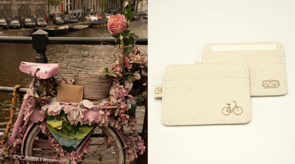 Handmade Amsterdam cardholder placed on a decorated pink bicycle by the canal