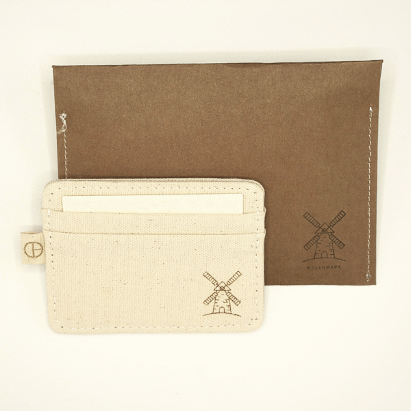 CARDHEIR Windmill Edition – straight top view of handmade cardholder and kraft packaging with windmill icon