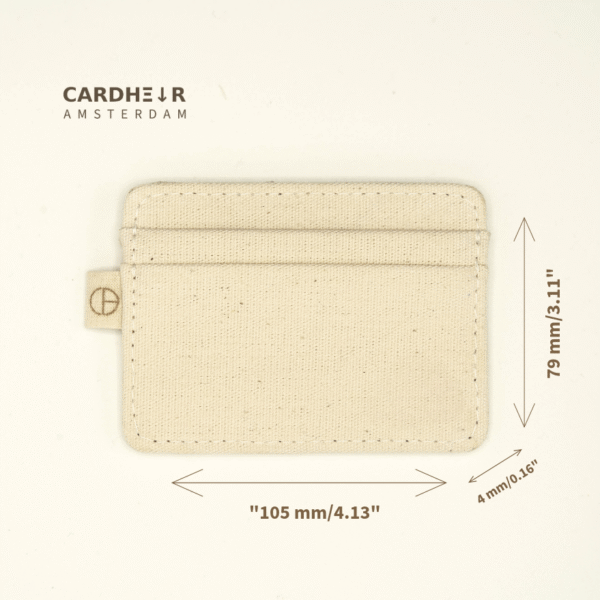 Natural denim cardholder by CARDHΞ↓R shown with size reference in mm and inches – 105 mm width, 79 mm height, 4 mm thickness. Handmade in Amsterdam.