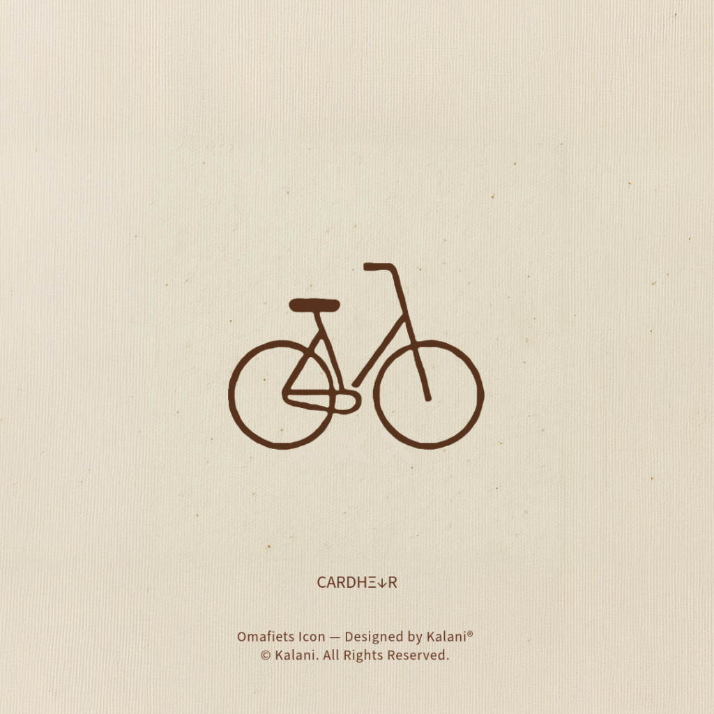 Minimalist drawing of a classic Dutch Omafiets bicycle – designed by Kalani® for CARDHΞ↓R.