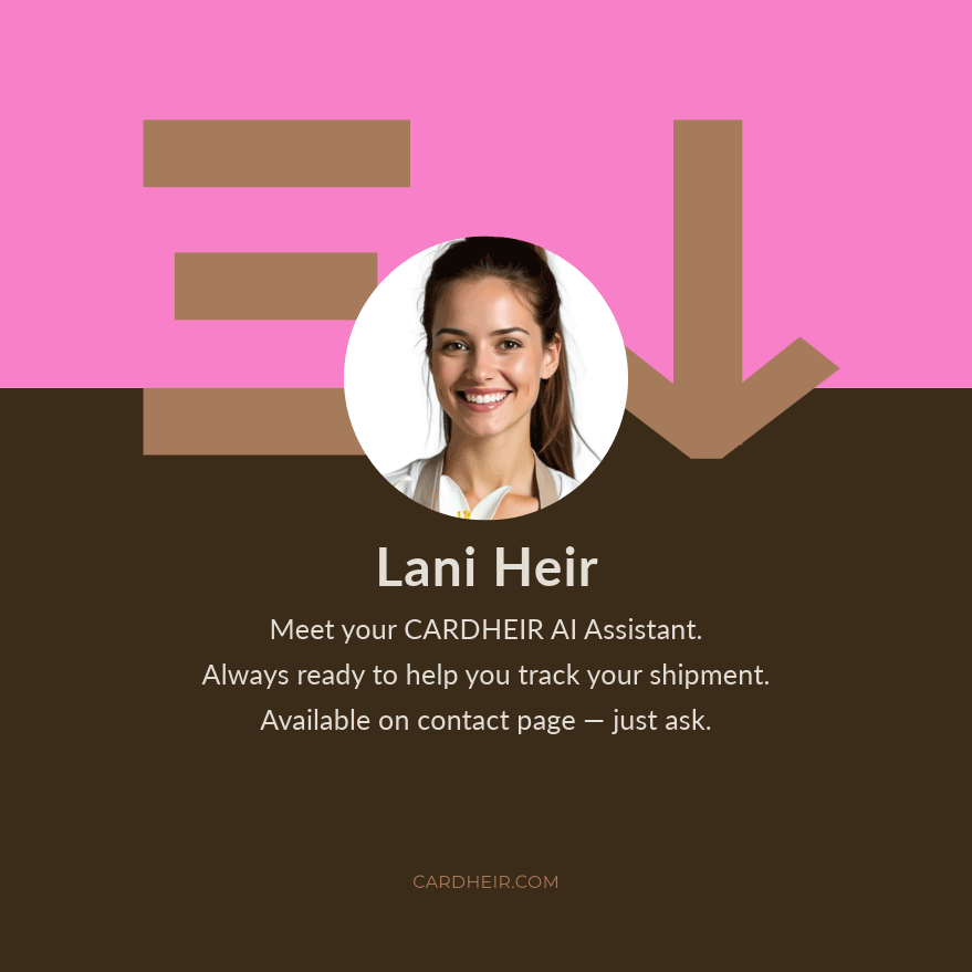 Portrait of Lani Heir, CARDHEIR AI assistant ready to help order & track shipments on contact page.